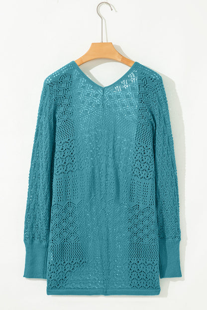 Lapis Mix Pattern Hollow Knit Open Front Cardigan