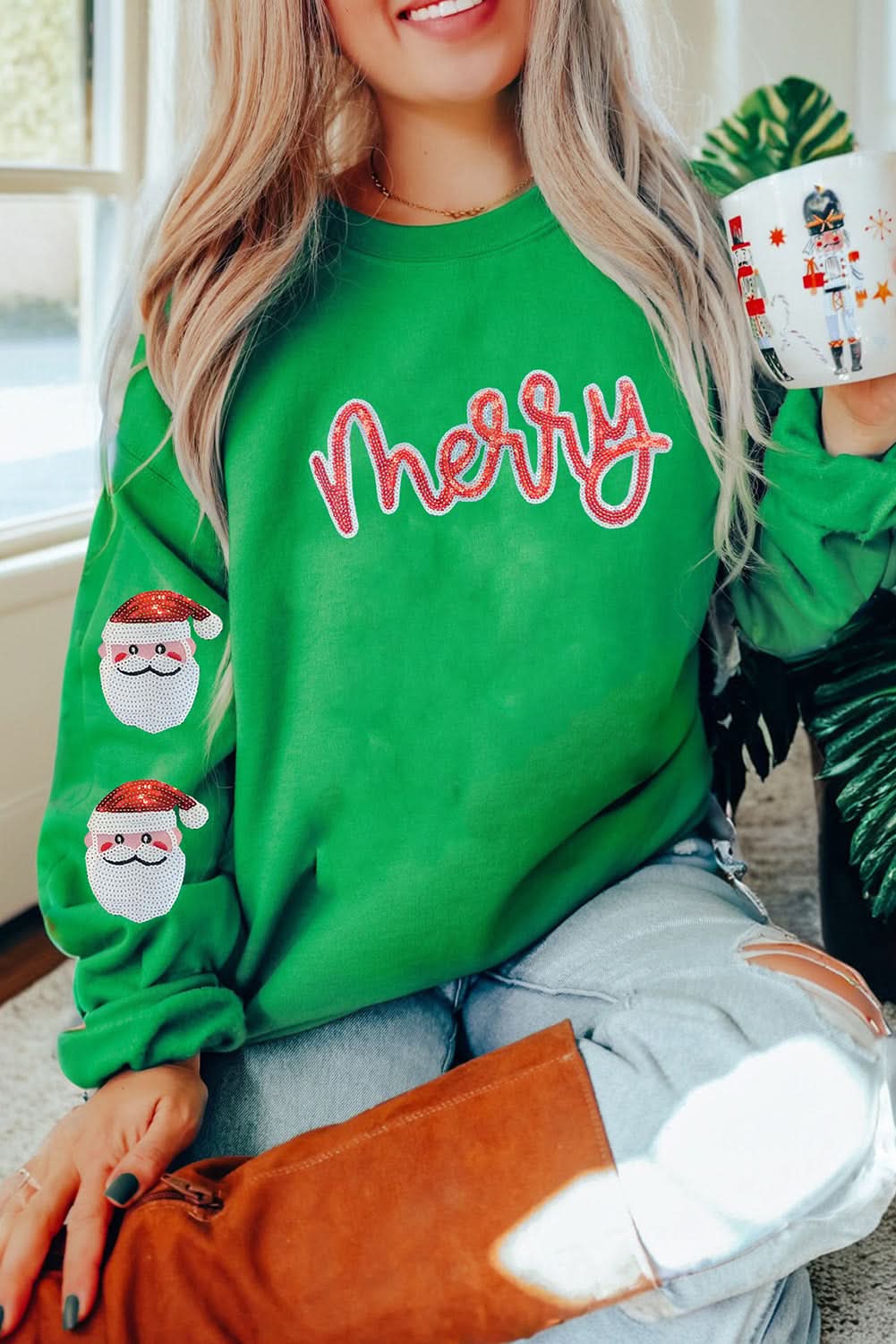 Dark Green Sequin Letter Graphic Father Christmas Patched Sleeve Sweatshirt
