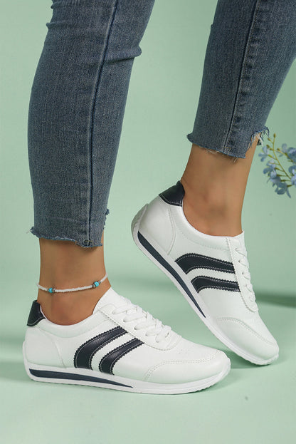 White PU Leather Striped Lace Up Casual Sneakers Everyday