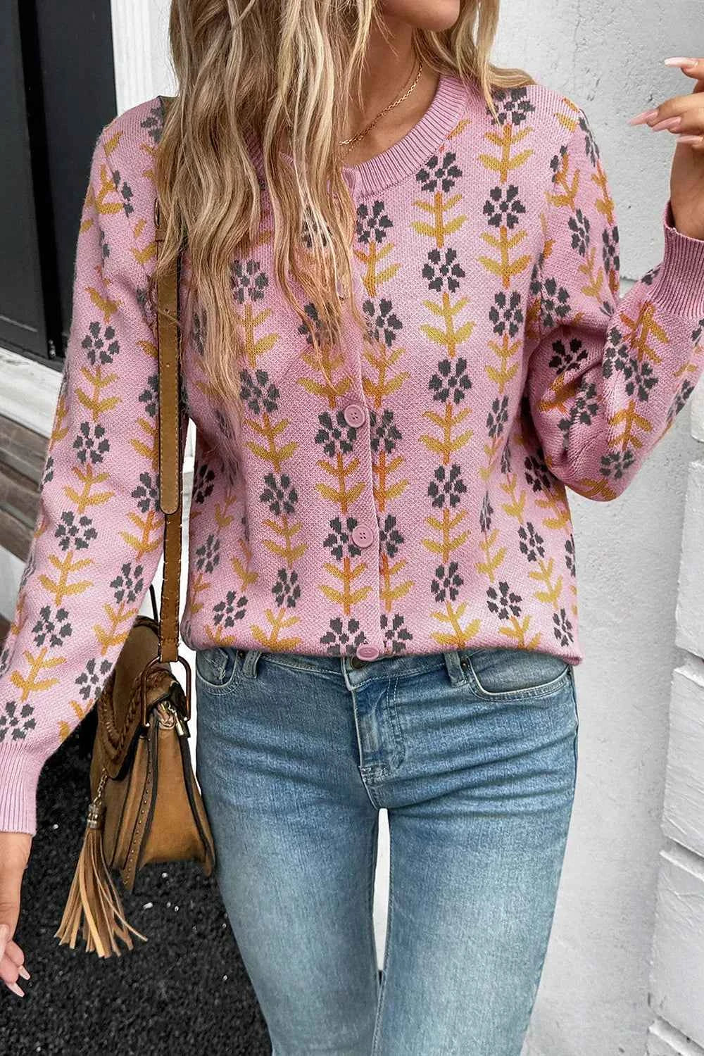 Floral Button-Up Knit Cardigan
