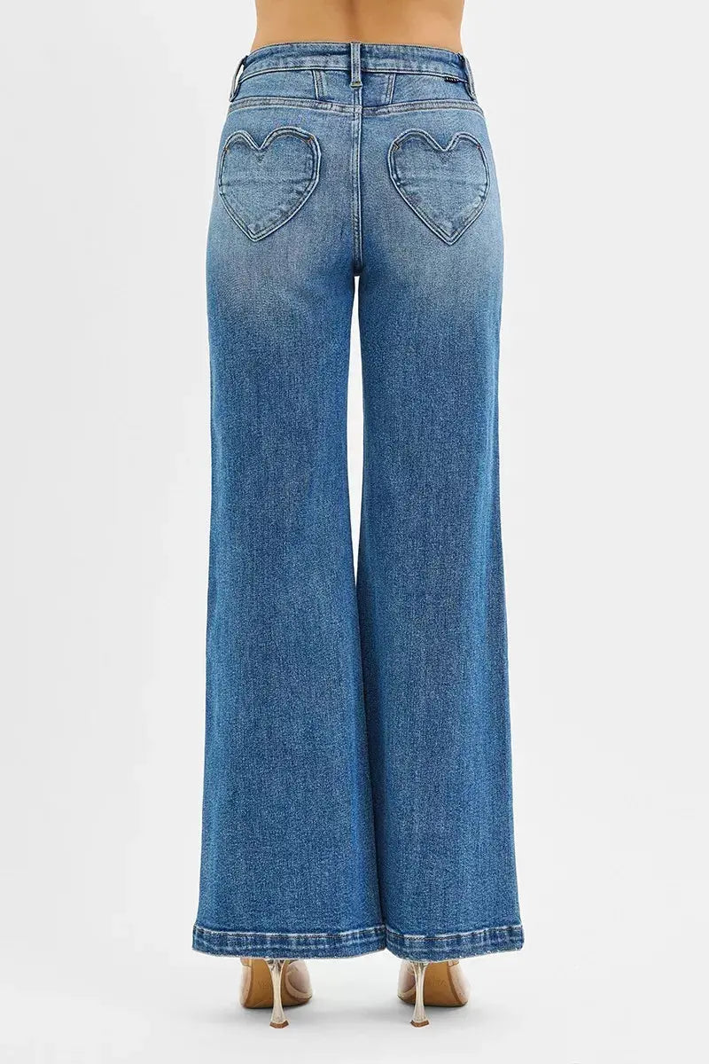 RISEN Jeans - High Rise Wide Leg Jeans with Front Yoke and Heart Back Pocket