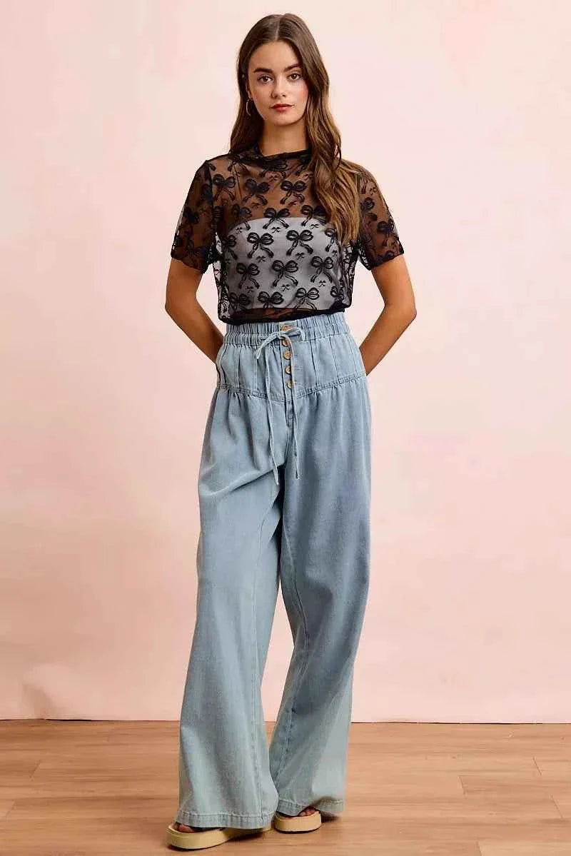 Black High Neckline Short Sleeves Bow Pattern Mesh Top by BiBi