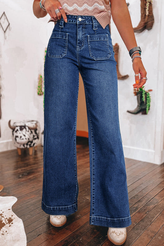 Sail Blue High Waist Wide Leg Jeans With Patch Pockets