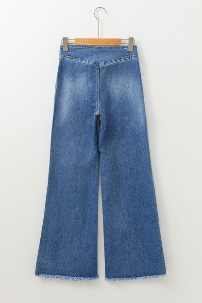 Sail Blue High Waist Jeans With Button Fly And Raw Hem