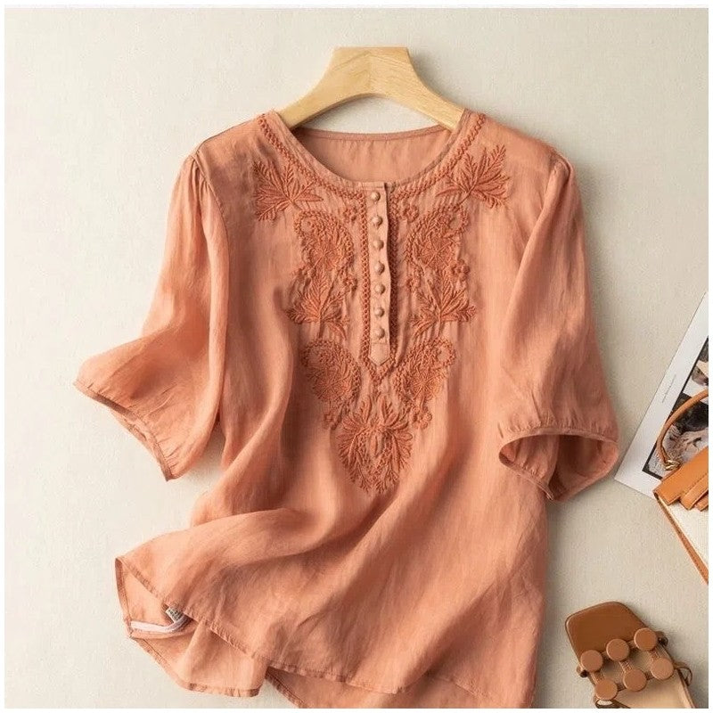 Embroidered Cotton Linen Loose Fit Round Neck Top