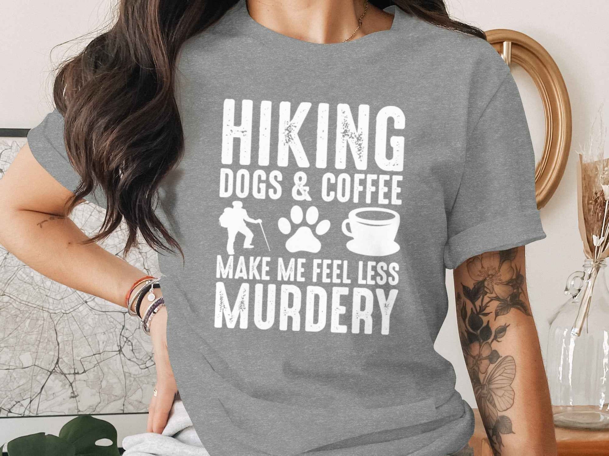 Hiking Dogs Coffee Less Murdery Funny Graphic Design T-Shirt