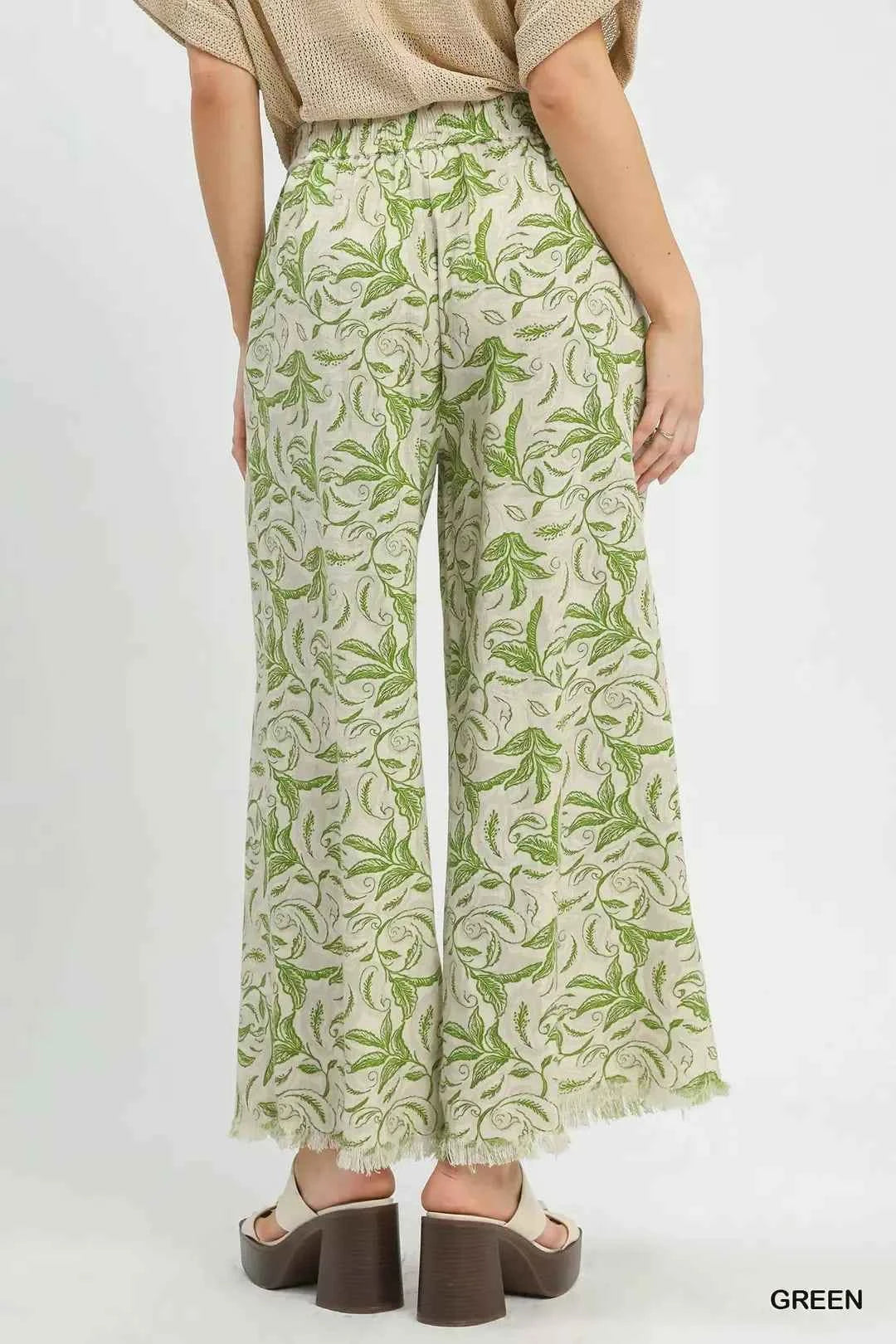 Umgee Linen Printed Wide Leg Raw Hem Pants
