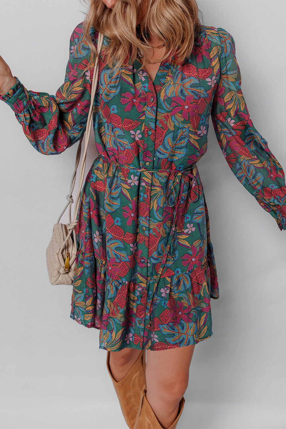 Maria Floral V Neck Puff Sleeve Dress