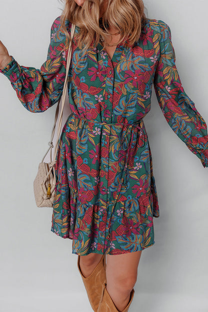 Maria Floral V Neck Puff Sleeve Dress