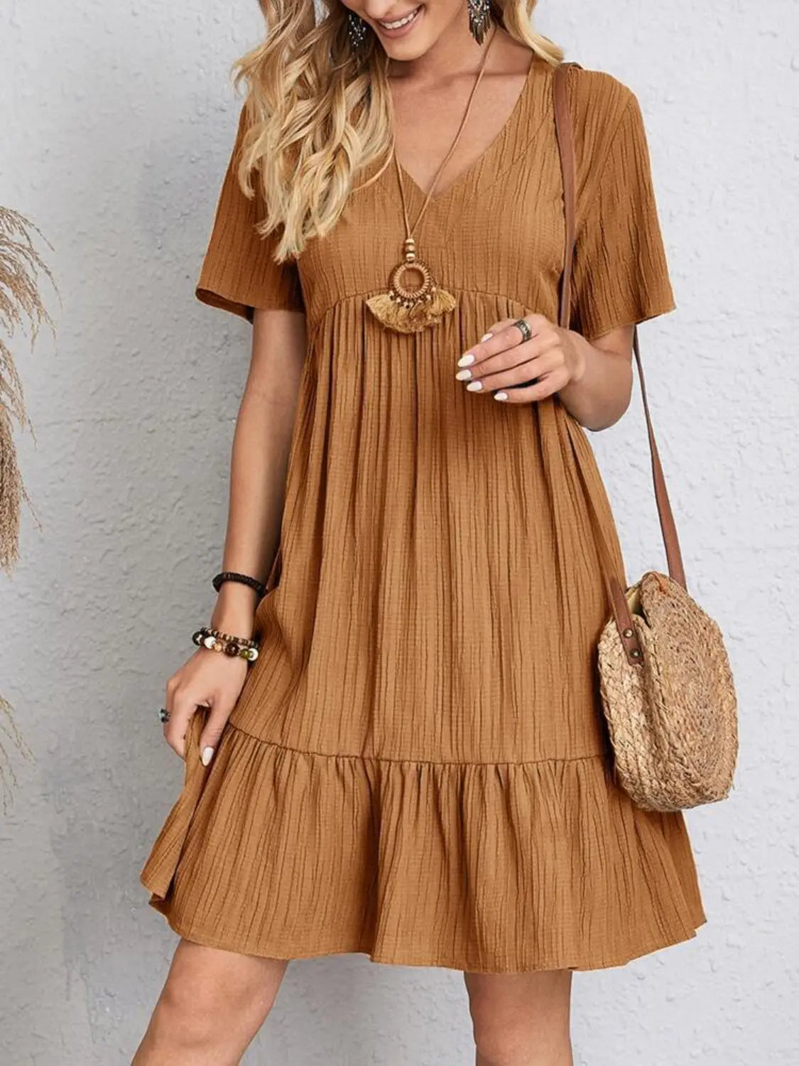 Boho Textured V-Neck Short Sleeve Babydoll Dress