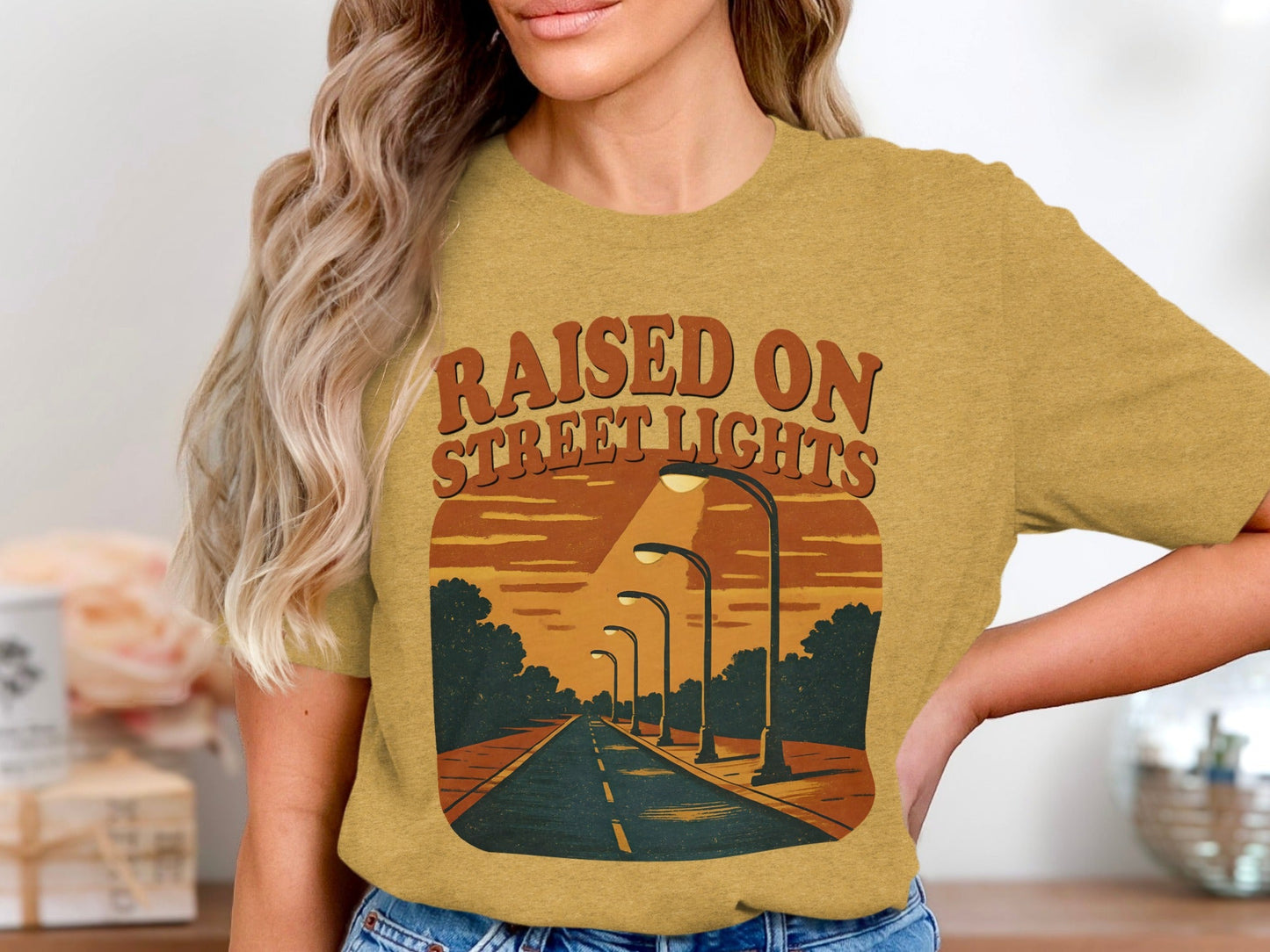 Raised On Street Lights Road Scene Graphic Design T-Shirt