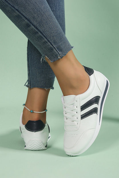 White PU Leather Striped Lace Up Casual Sneakers Everyday