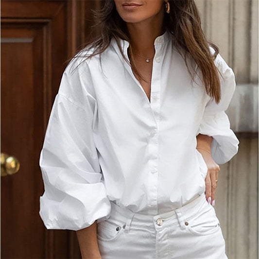 Stylish Commute Shirt with Minimalist Design, Stand Collar, Lantern Sleeves, and Pure Cotton Fabric