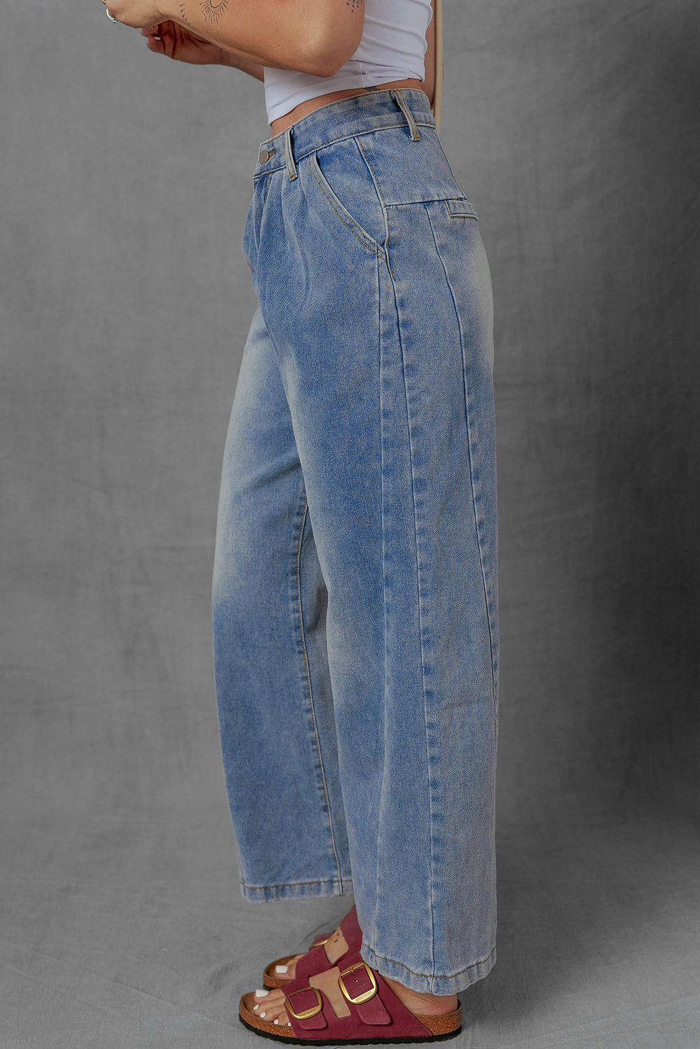 Scottie Blue Washed Pleated Detail Wide Leg Jeans