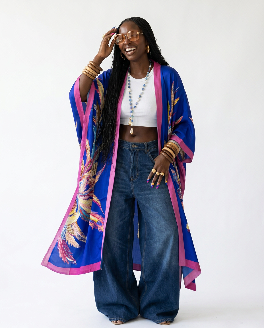 Vibrant Feather Print Kimono
