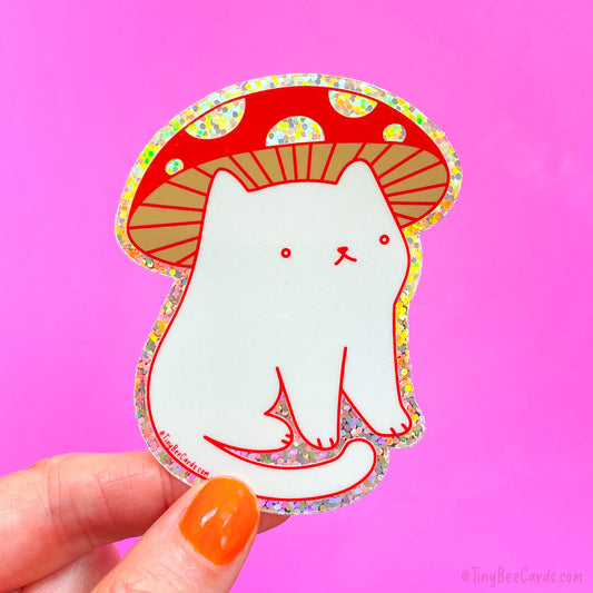 Mushroom Cat Vinyl Sticker - Cute Glitter Cottagecore Fungi Decal