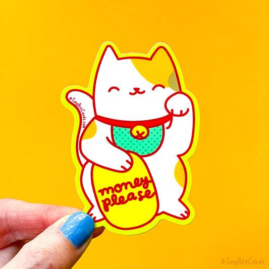Lucky Cat Maneki Neko Vinyl Sticker "Money Please"