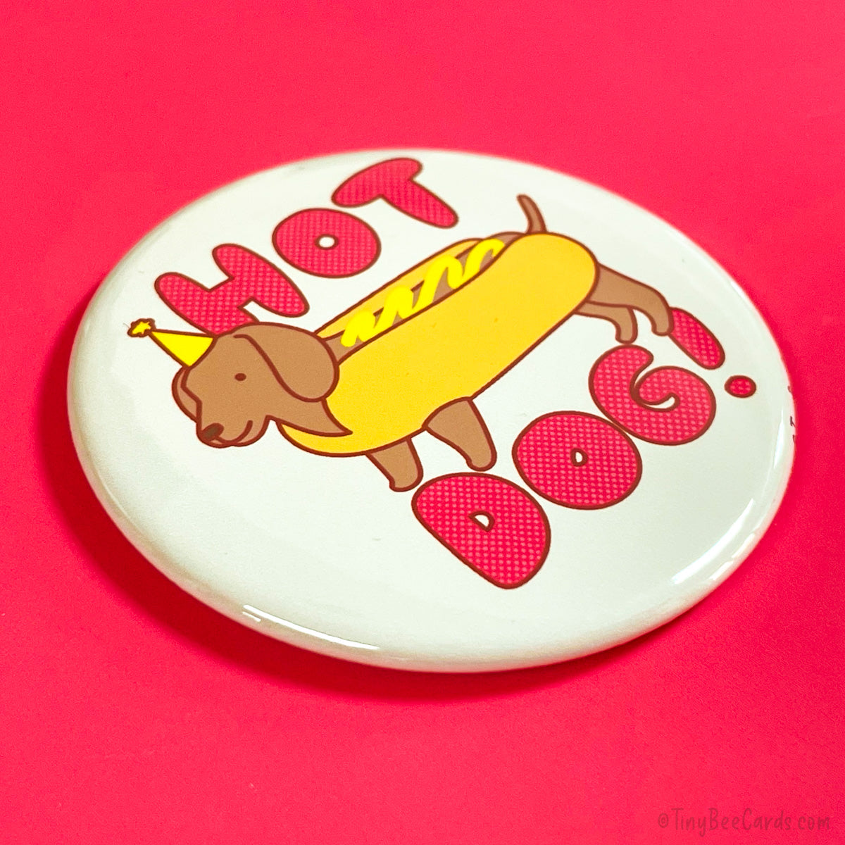 Dachshund Fridge Magnet or Pinback Button "Hot Dog!"