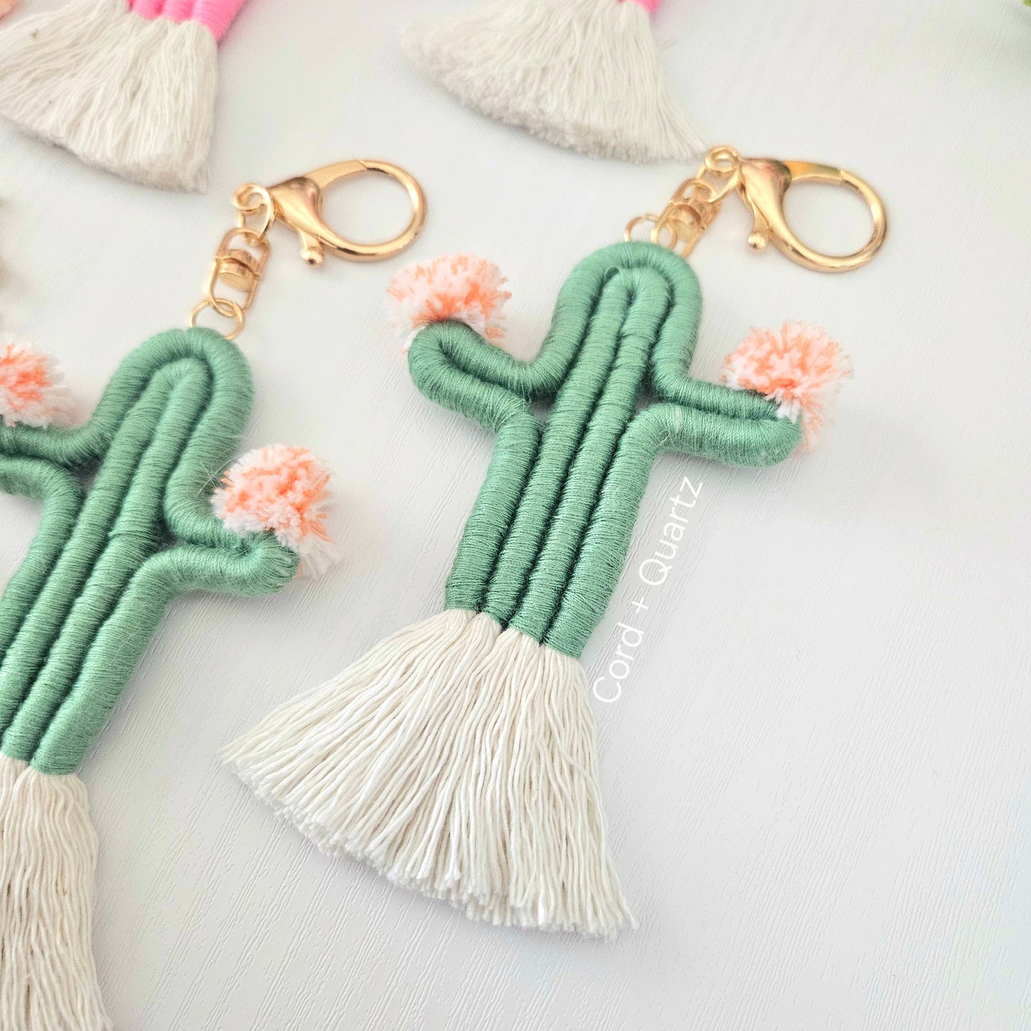 Handmade cactus keychains. boho desert style macrame keychain gift for her.