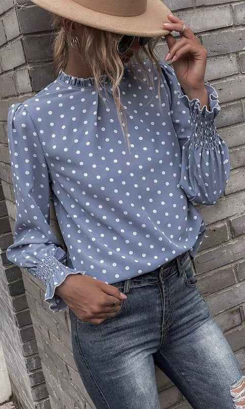 Polka Dot Print Lantern Sleeve Blouse
