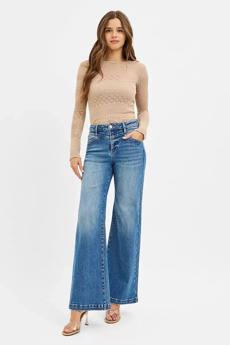 RISEN Jeans - High Rise Wide Leg Jeans with Front Yoke and Heart Back Pocket
