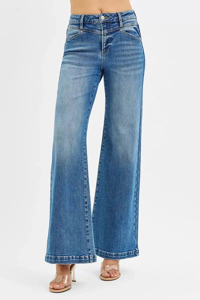 RISEN Jeans - High Rise Wide Leg Jeans with Front Yoke and Heart Back Pocket