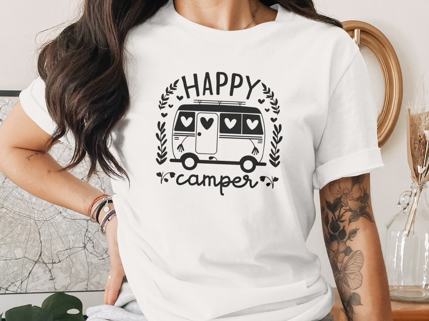 Happy Camper Campervan Love Hearts Outdoor Trip Design T-Shirt
