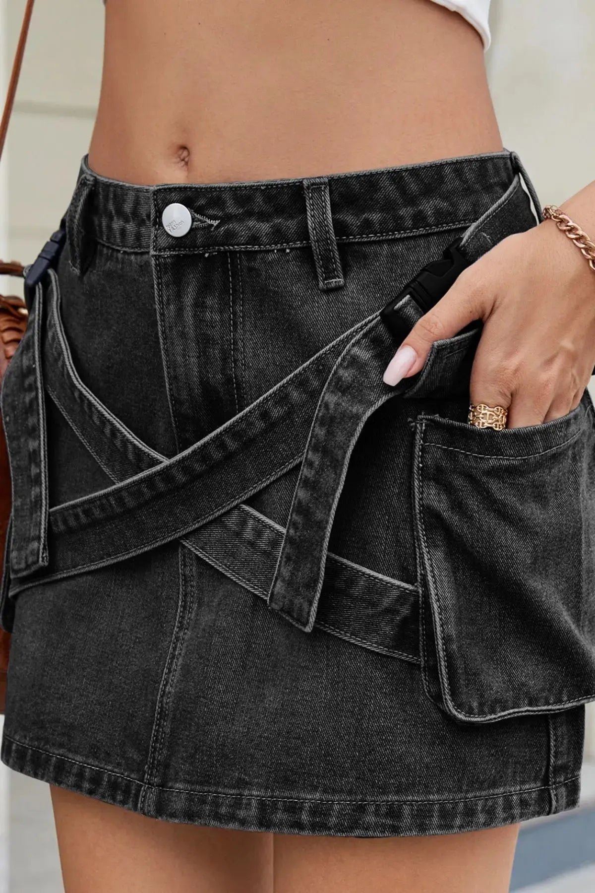 Criss-Cross Waist Pocketed Denim Mini Skirt