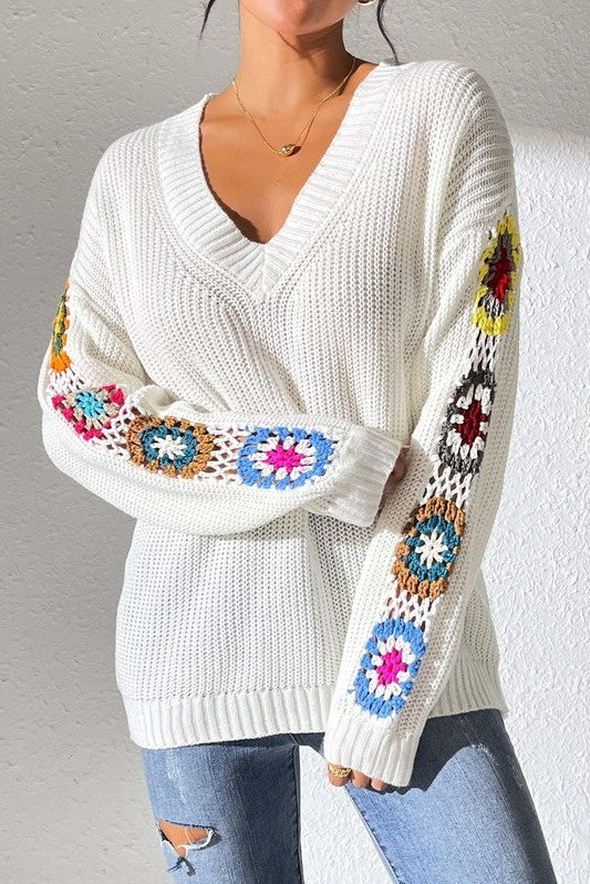 Miss Sparkling V neck crochet sleeve sweater