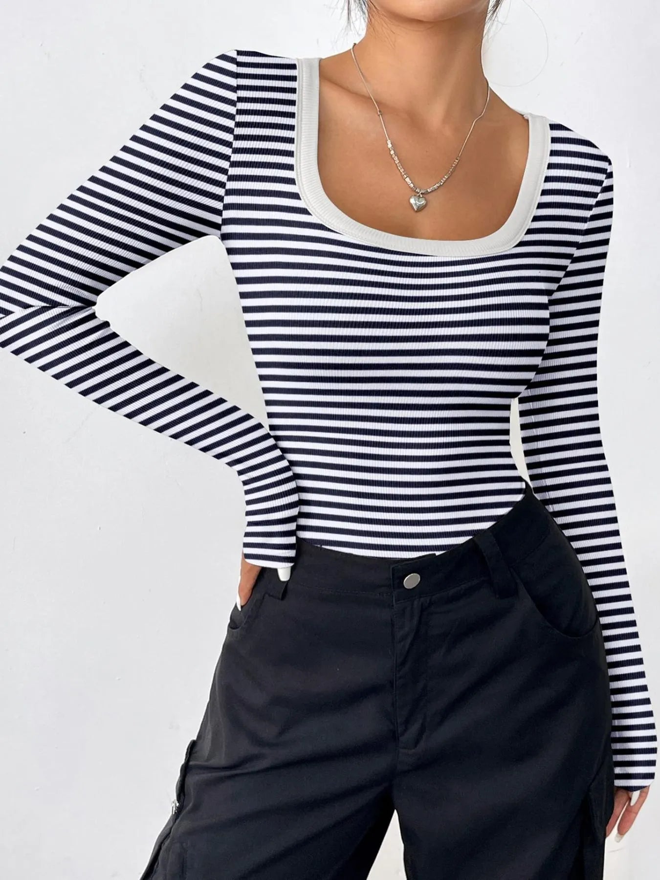 Striped Long Sleeve Scoop Neck T Shirt