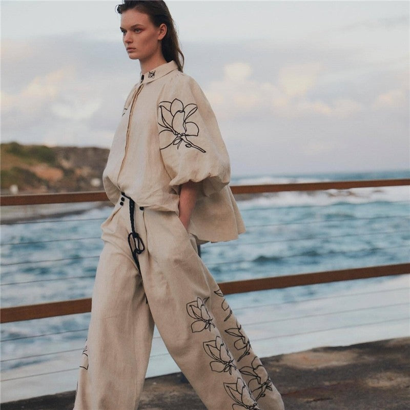 Printed Cotton Linen Wide-Leg Pants Set