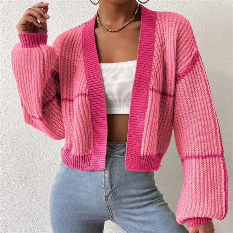 Knitted Short Cardigan With Exposed Navel And Color Collision