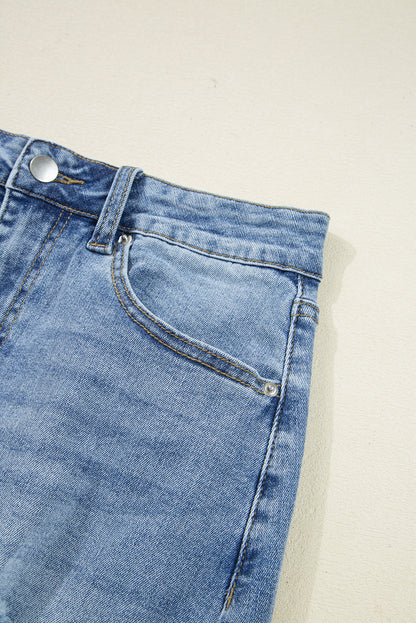 Myosotis Distressed Hem Denim Midi Skirt Irregular Look