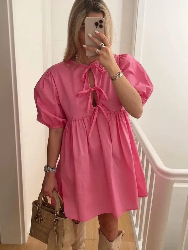 Tie Front Puff Sleeve Babydoll Dress
