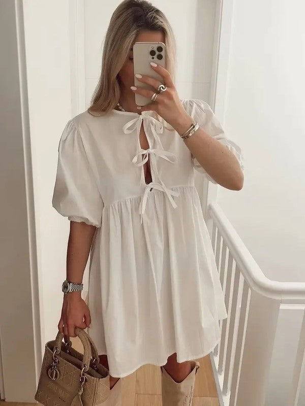 Tie Front Puff Sleeve Babydoll Dress