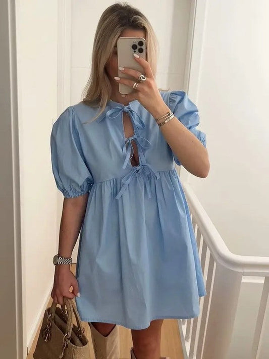 Tie Front Puff Sleeve Babydoll Dress