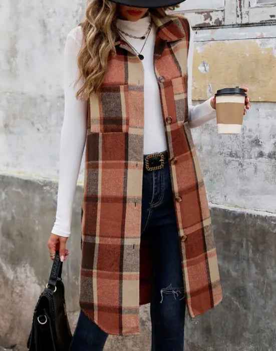 Plaid Longline Lapel Vest