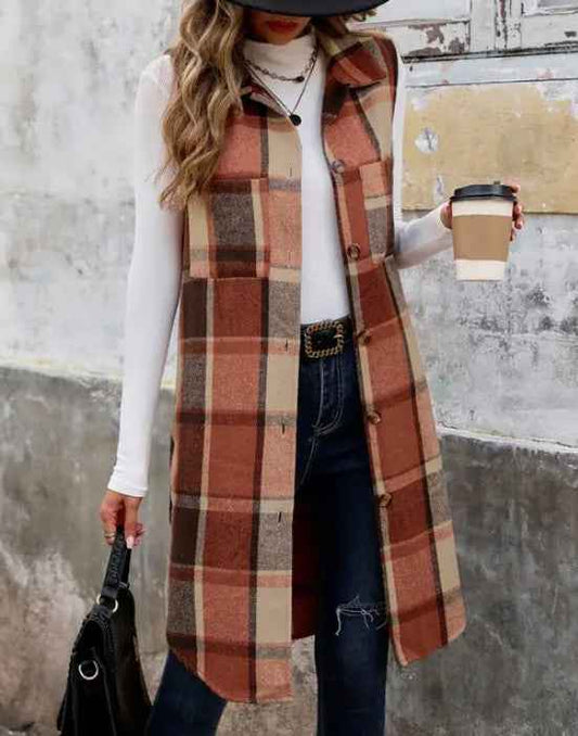 Plaid Longline Lapel Vest
