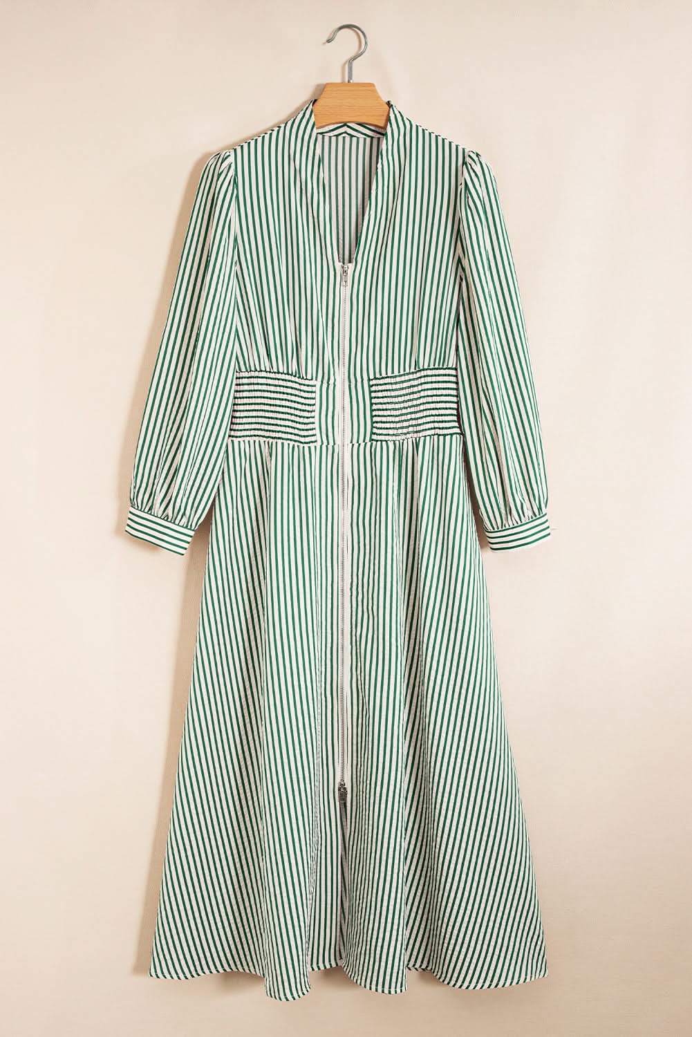 Green Striped V Neck Zip Front Midi Dress Cinched Waist