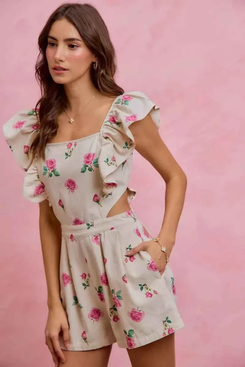 Ivory Floral Print Denim Cut Out Waist Ruffled Romper w/ Pockets by So Me