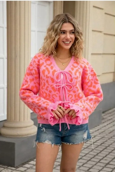 Leopard Knit Cardigan with Front Tie