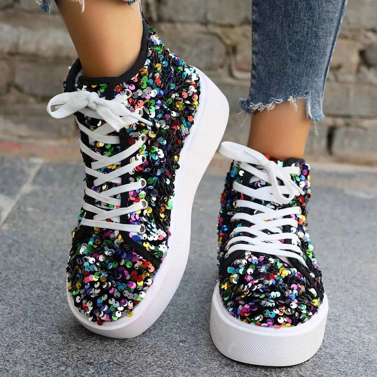 Sequin Round Toe Platform Sneakers