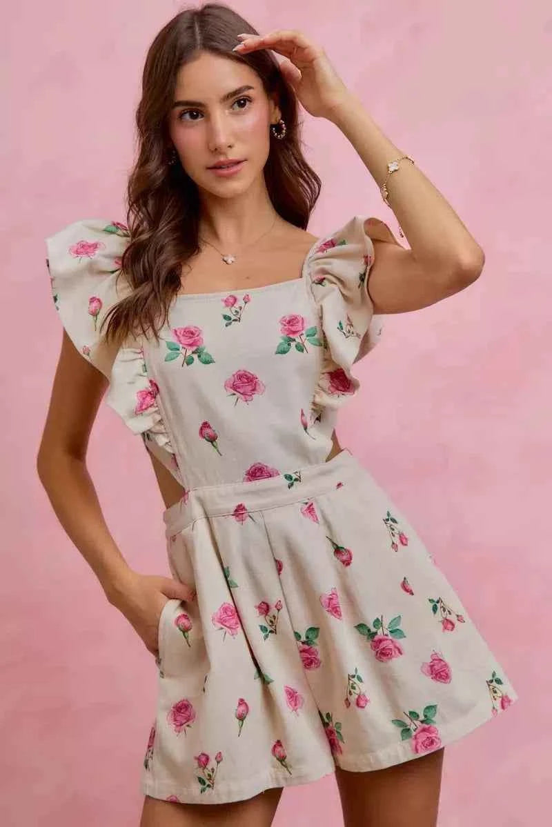 Ivory Floral Print Denim Cut Out Waist Ruffled Romper w/ Pockets by So Me