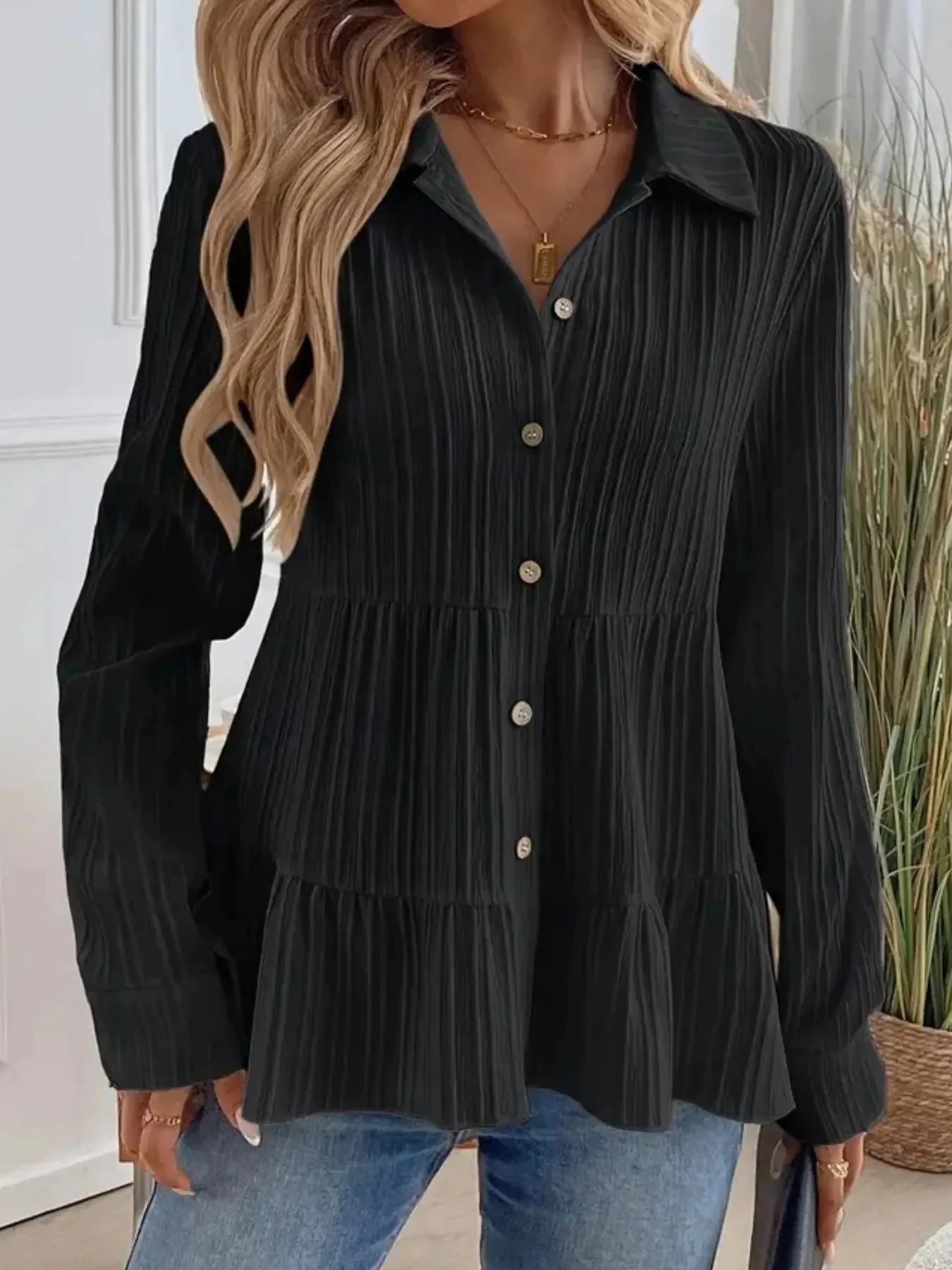 Striped Tiered  Button Down Shirt