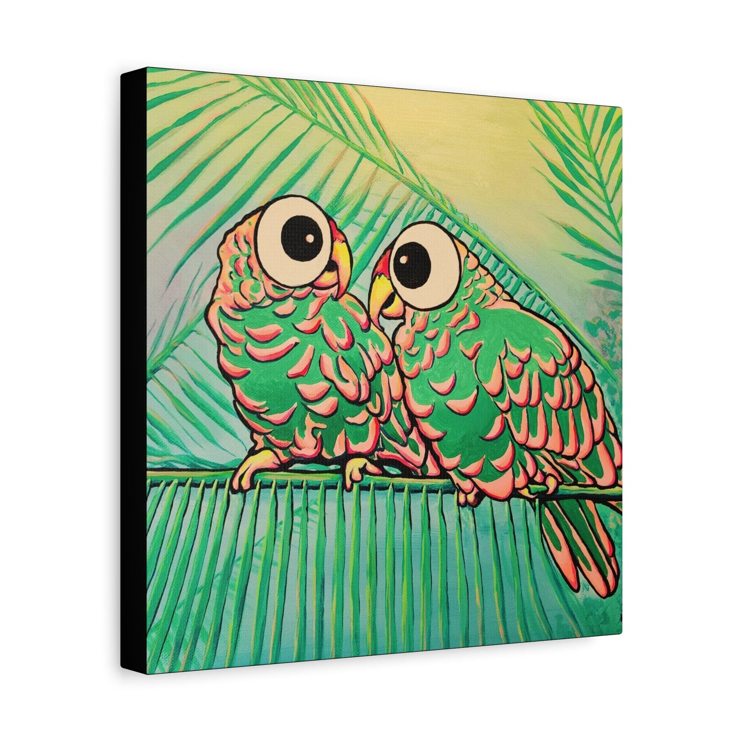 Chatty Cyclops Parrots Original Canvas Art Print, Bird Art, Tropical Vibes