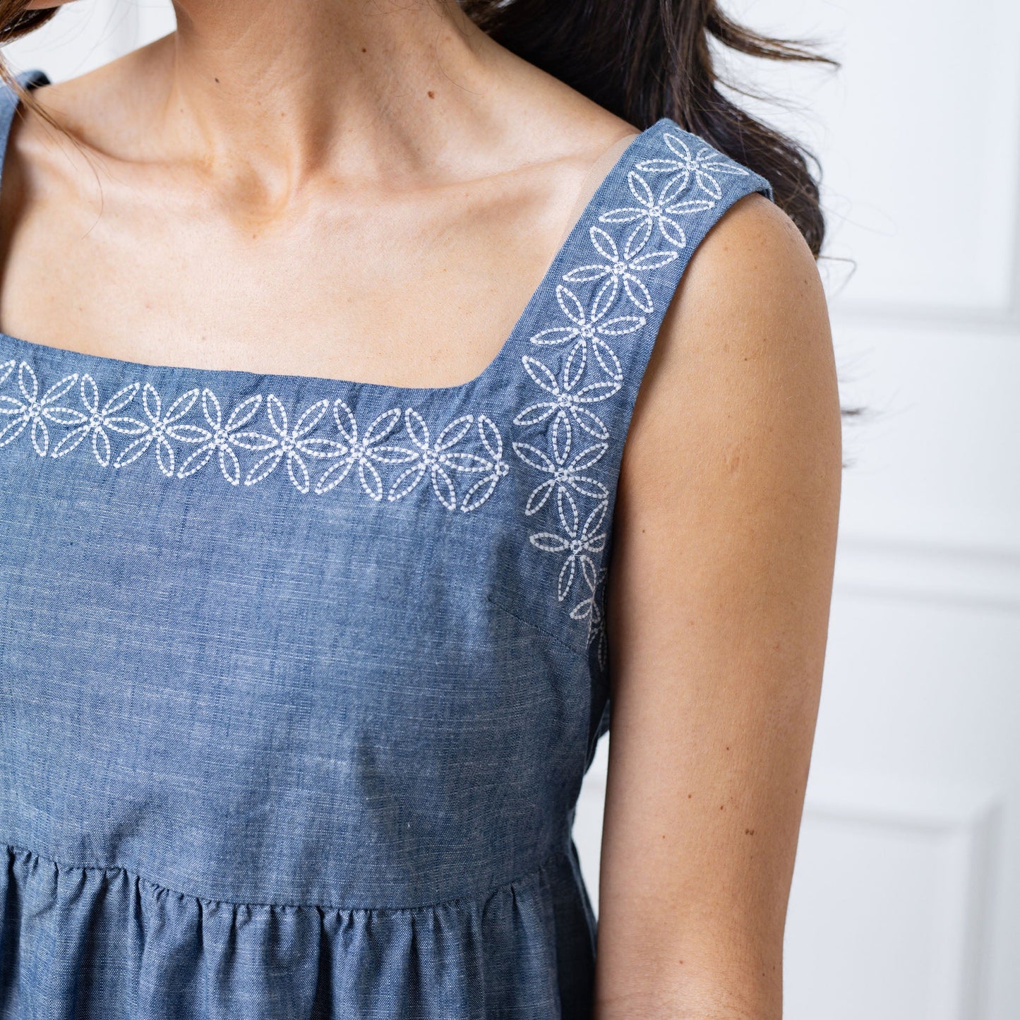 Organic Chambray Dress with Embroidery