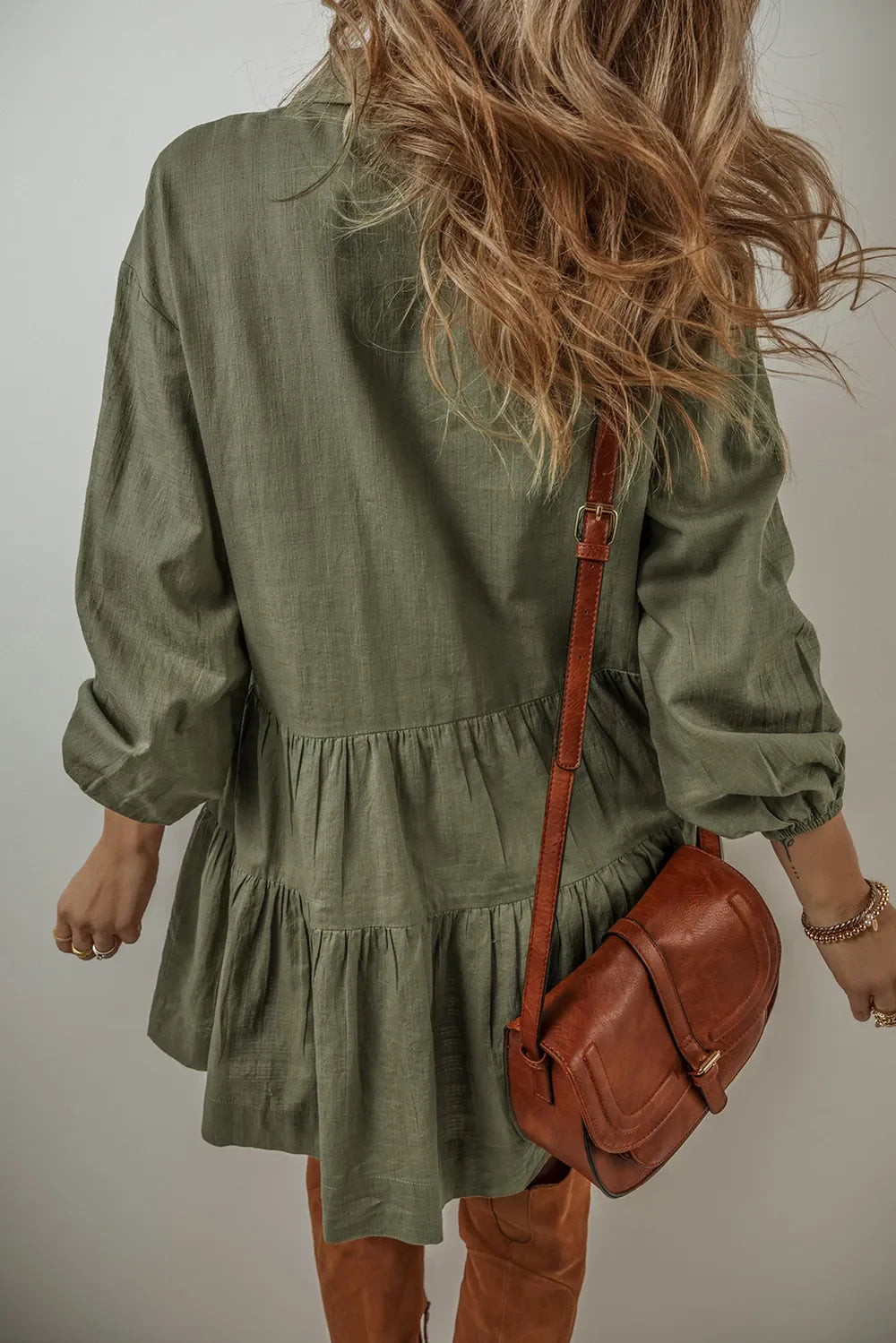 Tiered Collared Neck Balloon Sleeve Dress