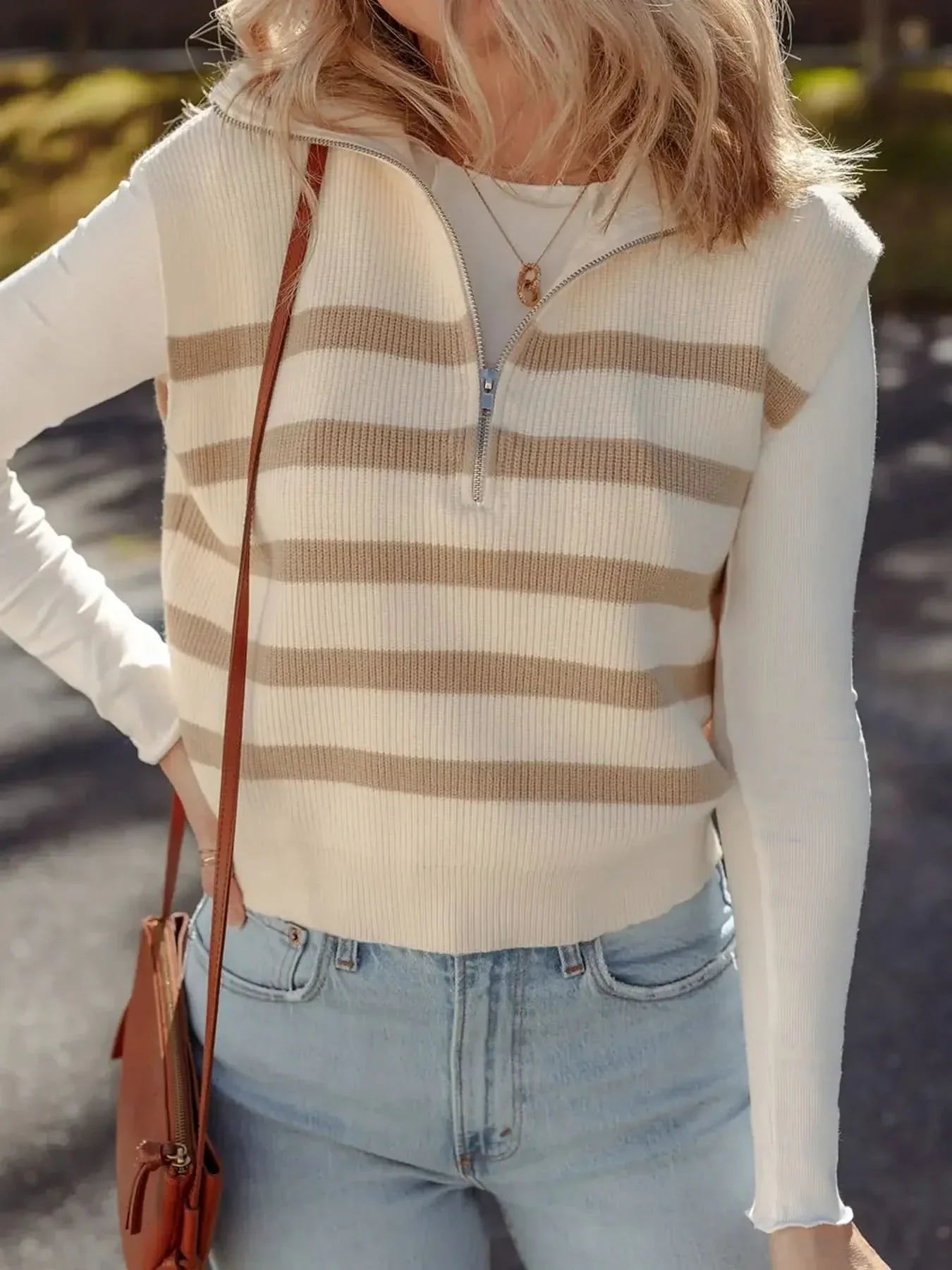 Striped Half-Zip Ribbed Knit Sweater Vest