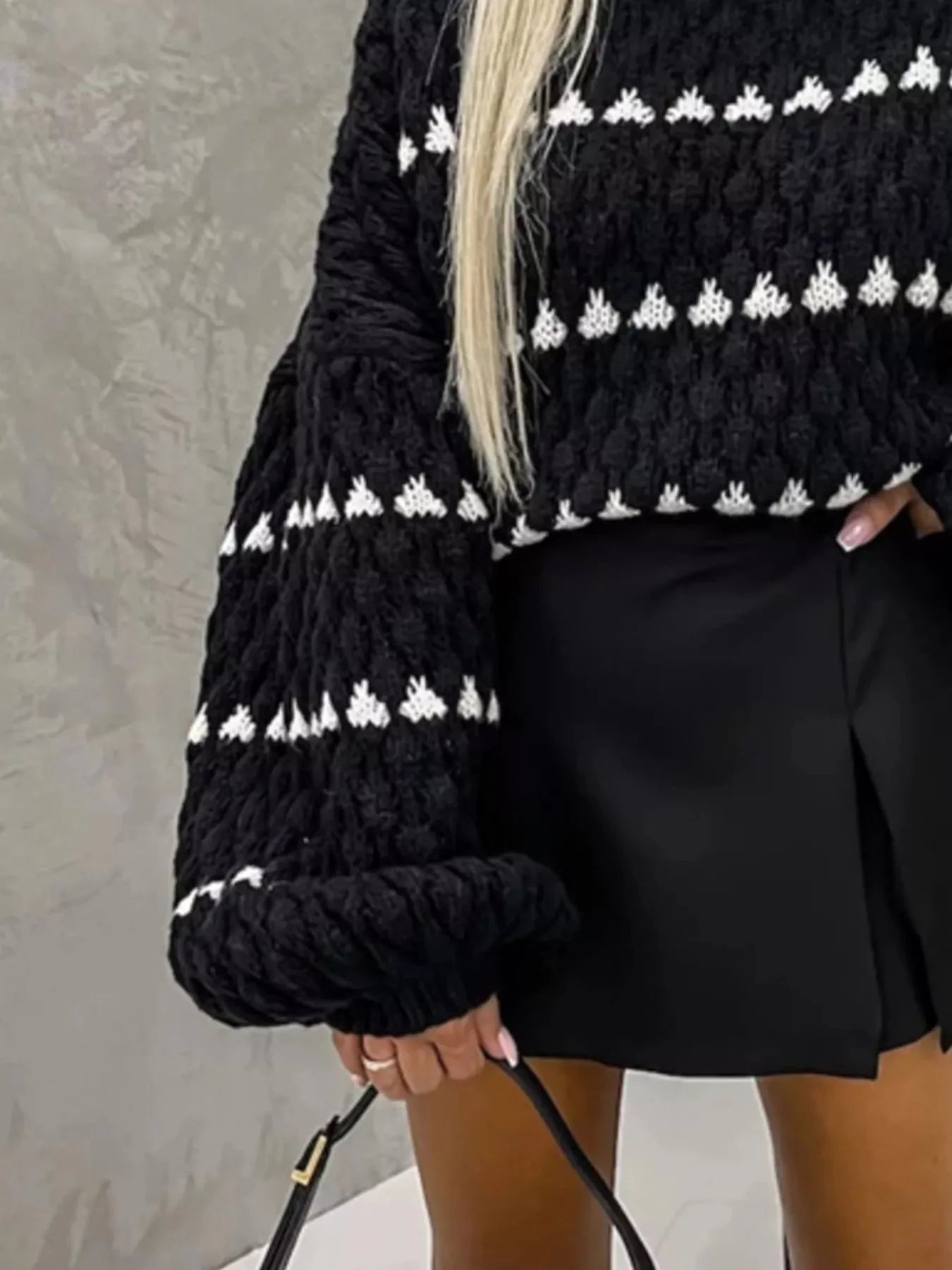 Striped Chunky Knit Sweater with Balloon Sleeves