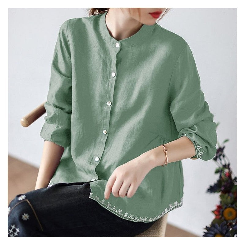Solid Color Loose Fit Plus Size Stand Collar Shirt